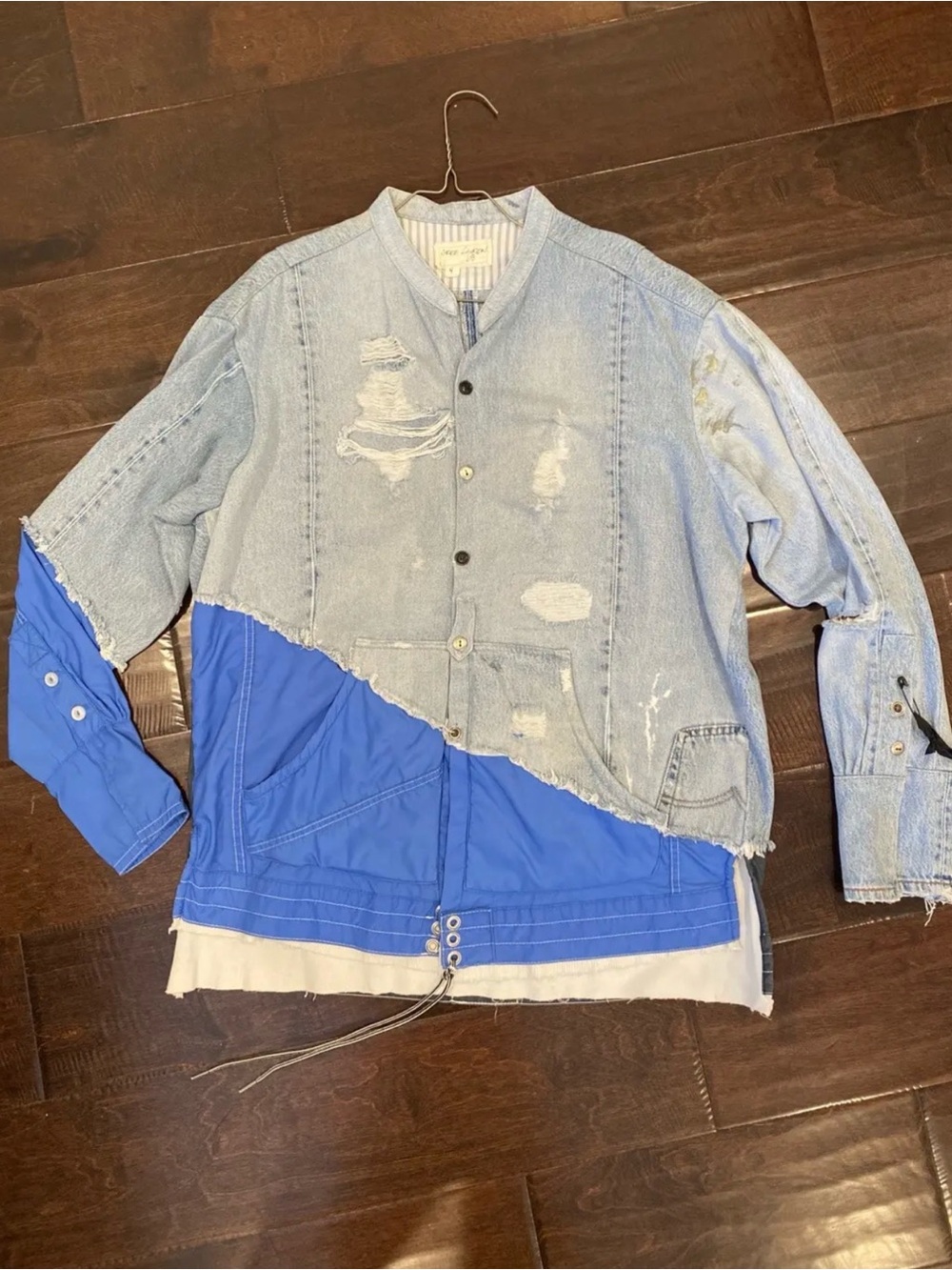 Light Blue Distressed Denim & Royal Blue Panel Jacket - Unbranded
